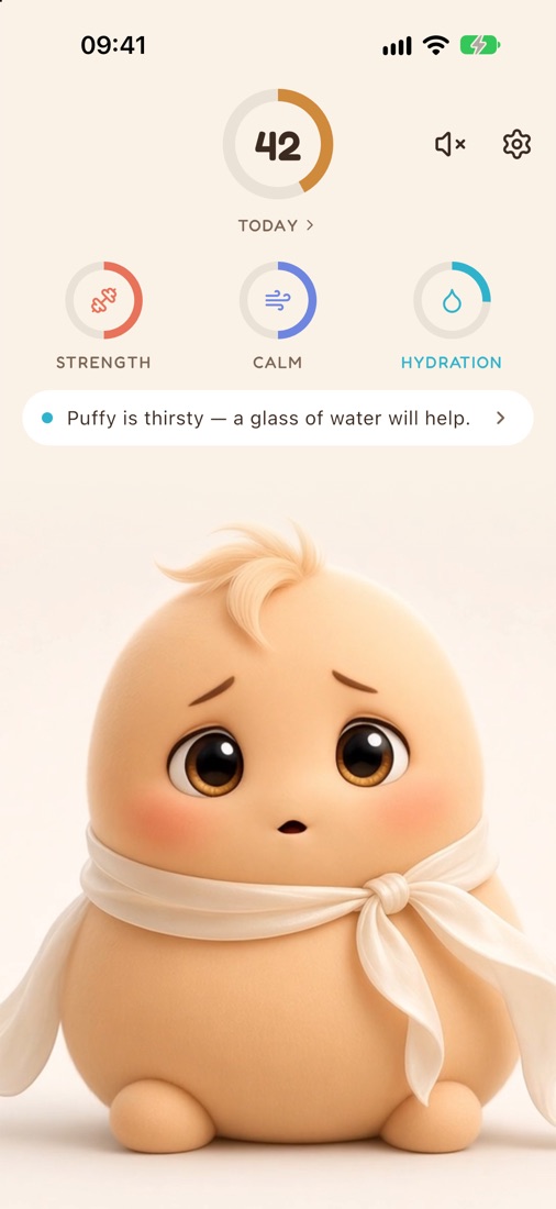 Puffulet's home screen: a wistful Puffy and the nudge 'Puffy is thirsty — a glass of water will help.'